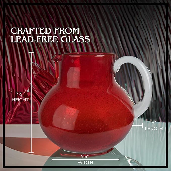 ARTLAND Iris 90oz Hand Blown Pitcher & Double Old Fashion 14oz Glasses (Set of 4) - Lead-Free Bubble Shape Glassware for Stylish Serving and Dining - Kitchen Essential & Table Decor (Ruby)
