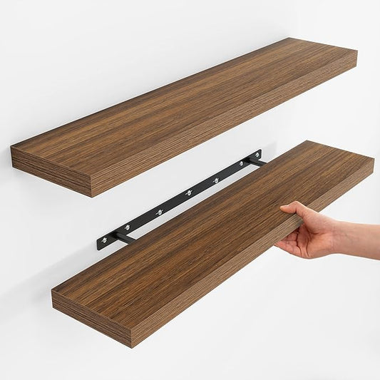 Fun Memories Rustic Wood Floating Shelves for Wall, Space-Saving Wall Mounted Shelves for Bathroom, Bedroom, Living Room and Kitchen, Stylish Storage & Display (Set of 2, Walnut, 36 in)