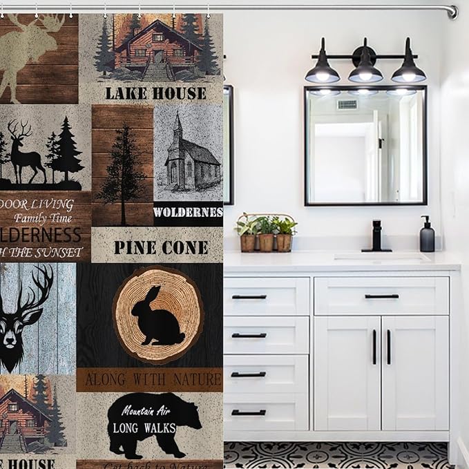 Rustic Cabin Shower Curtain Bear Deer Forest Wildlife Country Lodge Hunting Camping Animal Farmhouse Vintage Waterproof Shower Curtains for Bathroom Decor 12 Pack Hooks 66x72in（168x183cm）