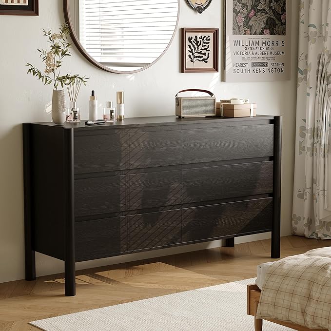 Dresser for Bedroom,6-Drawers,47" Wide Farmhouse Large Dressers & Chest,4 Solid Wood Legs,TV Stand, Storage Organizer Furniture for Bedroom(Black)