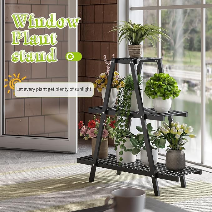 BMOSU Plant Stand Bamboo for Indoor Outdoor Tiered Plant Shelf 8 Potted Flower Holder Ladder Rack Garden Balcony Living Room Patio(3 Tier Black)