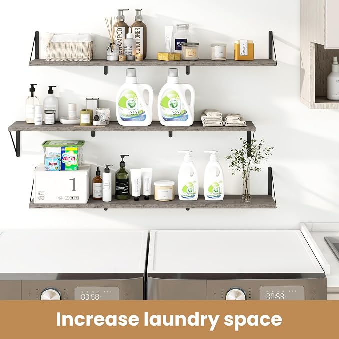 Heimlove Floating Book Shelves for Wall,47.2 Inches Long Wall Mounted Bookshelves,Heavy Duty Bracket Shelves for Living Room Kitchen,Laundry Room Storage & Decor,Set of 3,Silver Grey