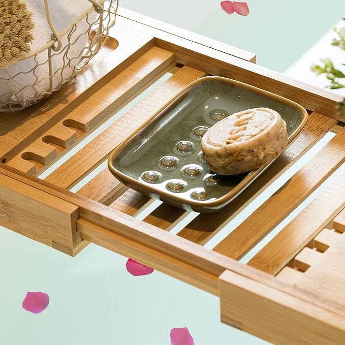 Soap Dish for Shower, Ceramic Soap Dish for Large Soap Bars, Non-Slip Soap Holder & Saver Tray with Floating Point Design for Bathroom, Shower, Kitchen Sink, Save Soap Loss