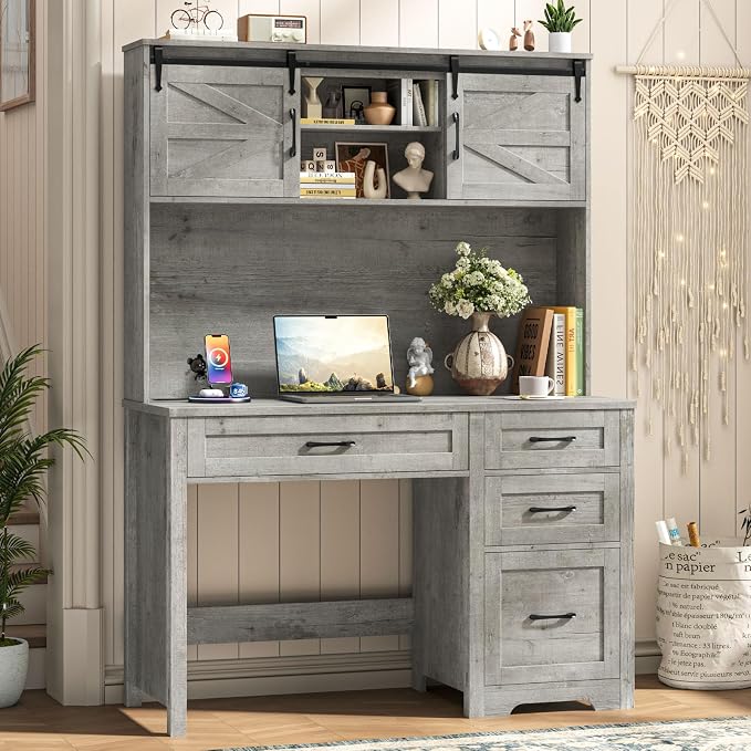 Vabches Farmhouse 67" H Executive Desk with Hutch,Office Table with LED Light and 5 Drawers,Computer Desk with Charging Station,File Drawers and Storage Cabinet,Workstation for Home Office.Grey