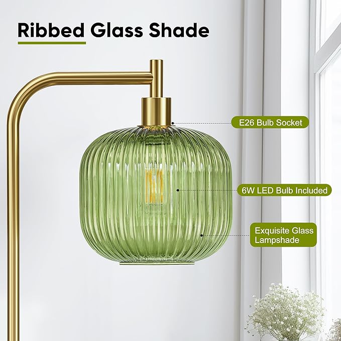 QiMH Glass Floor Lamp for Living Room, Modern Standing Lamp with Ribbed Glass Lampshade Pedal Switch, 67” Tall Lamp for Bedroom Study Room, Brushed Gold (2700K LED Bulb Included)