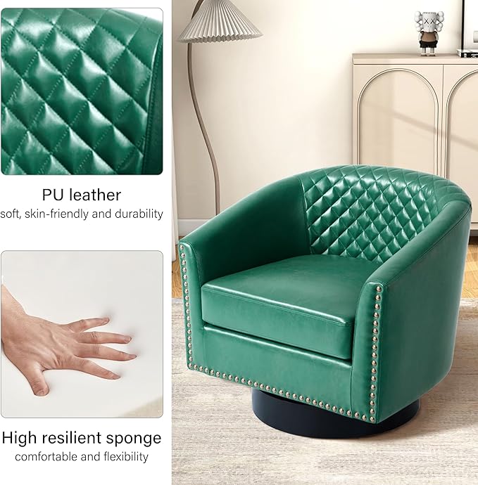 Swivel Barrel Accent Chair, Comfy Modern Upholstered Round Faux Leather Arm Chair for Living Room, Bedroom（Green, Set of 1