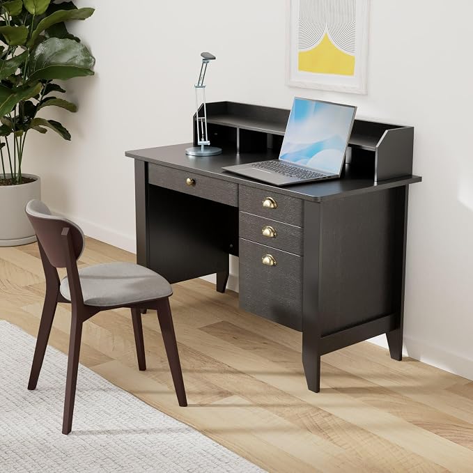 4EVERWINNER Computer Desk with 4 Drawers and Extra Storage Hutch, Wooden Grain Vintage Executive Desk Modern Style Work Office Desk for Bedrooms Laptop Study Writing Table for Small Spaces, Black