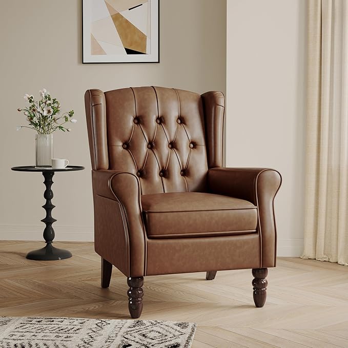 Lumibee High Back Accent Chair,Upholstered Faux Leather Wingback Armchair with Solid Wood Legs for Small Spaces,Comfy Single Sofa Chair for Living Room,Bedroom,Office-Brown