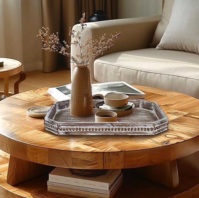 MAONAME Wood Serving Tray, Farmhouse Wooden Tray for Coffee Table, Octagonal Beaded Trays, Vintage Brown Decorative Trays for Living Room, Kitchen, 15.7" X 10.2" X 1.6"