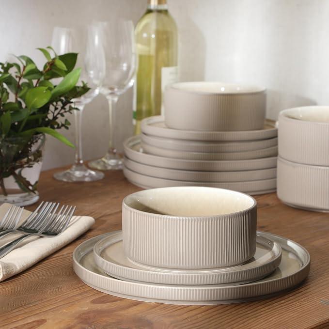 Gibson Elite Redrock Canyon 12-Piece New Bone China Dinnerware Set Service for 4, Reactive Glaze Plates and Bowls, Dishwasher and Microwave Safe, Taupe