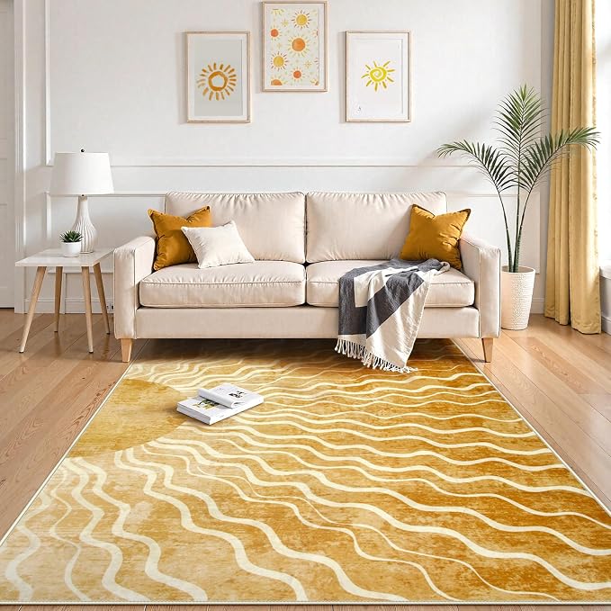 Wonnitar Sun Print Washable Area Rugs, 6x9 Rug for Kids Room Living Room, Gradient Yellow Soft Non Slip Sunshine Boho Ultra-Thin Carpet for Bedroom Classroom Playroom Nursery