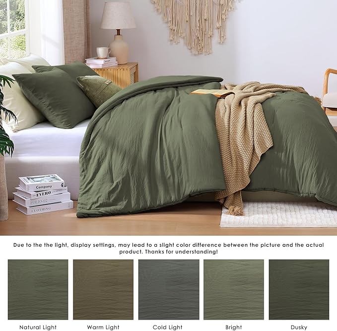WRENSONGE Queen Comforter Set - 3 Pieces Prewashed Olive Green Comforter Soft Lightweight for All Seasons,Down Alternative Comforters Queen Size with 2 Pillow Shams