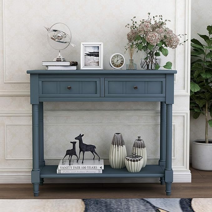 SOFTSEA 35.43” Antique Entry Console Table with Drawers & Bottom Open Shelf, Rustic Entryway Table with Storage, Save Space, Solid Wood Sofa Couch Table for Entryway, Navy