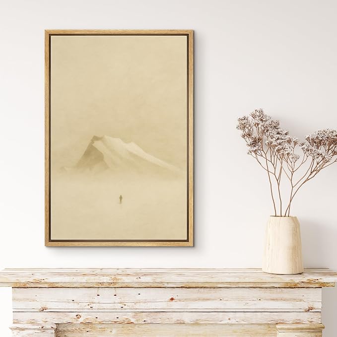 MUDECOR Framed Canvas Print Wall Art Solitary Traveler in Misty Mountains Minimalist Winter Landscape Illustrations Minimalism Decorative Zen for Living Room, Bedroom, Office - 24"x36" NATURAL