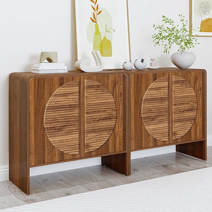 Turtle&Myrtle Fluted Sideboard Buffet Cabinet, Curved Storage Cabinet with 2 Doors and Adjustable Shelves, 31" Wide Mid Century Modern Accent Cabinets, Wood Credenza for Living Room, Kitchen, Brown