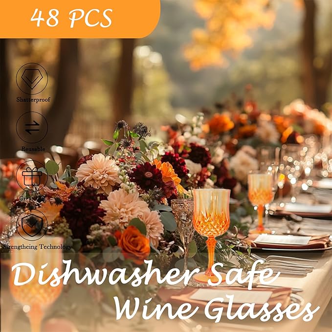 Plastic Wine Glasses, Plastic Goblets Vintage Style Cordial Drinking Glasses for Valentine’s Day, Wedding Reception, Grand Event Party Supplies (48, Pumpkin orange)