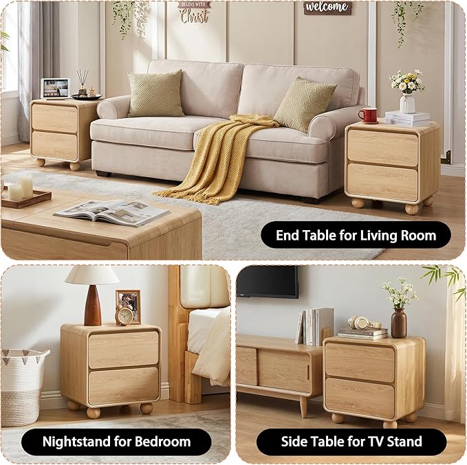 AVZEAR Modern 2 Drawer Dresser, 2 Drawer Nightstand Small Wooden Dresser Chest of Drawers, Handle Free & Curved Profile Design Sofa End Table for Living Room, Nursery, Natural