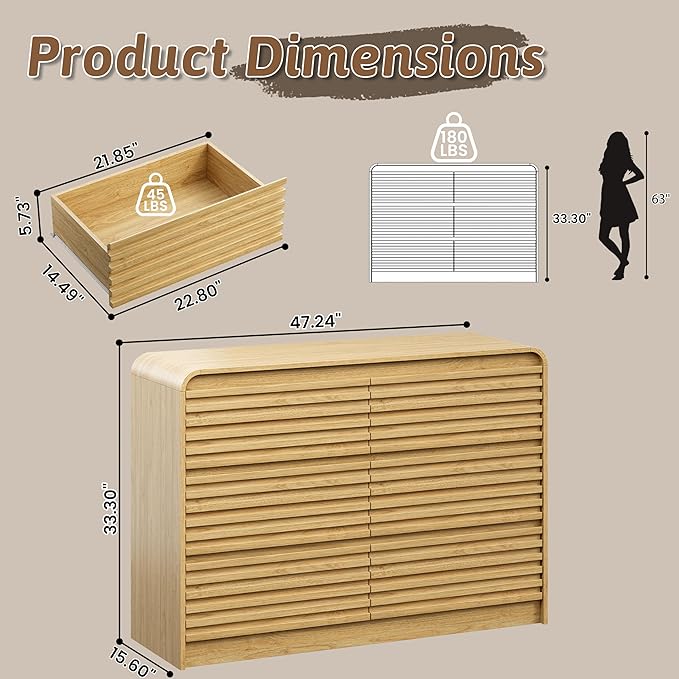 Fluted 6 Drawer Dresser for Bedroom, 47" Wide Wood Chests of Drawers with Curved Profile, Mid Century Modern Dresser with Large Storage & Hidden Handle for Living Room, Hallway, Natural Oak