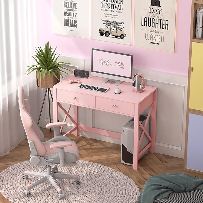 WiberWi Home Office Desk with Drawers, Modern Writing Computer Desk for Bedroom, Small Makeup Vanity Table Study Table for Home Office,Pink