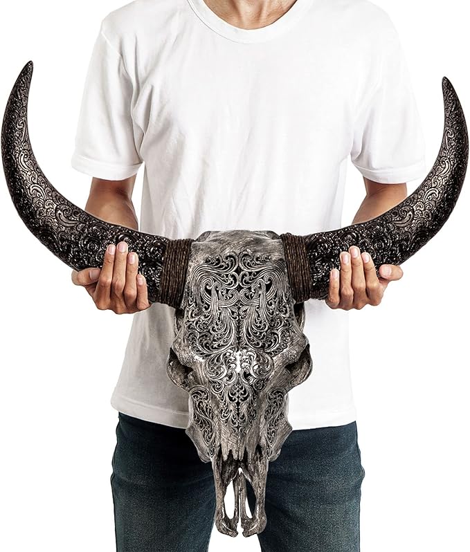Skull Bliss - Hand-Carved Real Authentic Taxidermy Cow Skull/Bull Skull Wall Decor with Horns/Real Animal Cow Skull Wall Decor (Hand-Carved Horns)