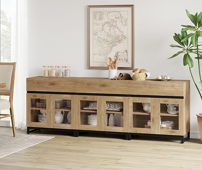 WAMPAT 3 in 1 Multifunctional Sideboard Buffet Cabinets with 6 Glass Doors, Modern Sideboard Credenza, Coffee Bar Storage Cabinet for Living Room, Kitchen, Oak