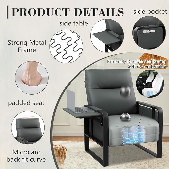 Upholstered Living Room Chair Armchair Set of 2, Mid Century Faux Leather Metal Accent Chair, Reception Couch Slipper Club Lounge Chair Guest Comfy Single Sofa with Sidetable-Dark Grey