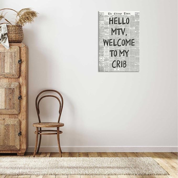 Drimiler Hello Mtv Welcome To My Crib Poster Vintage Black And White Newspaper Canvas Wall Art Positive Affirming 70'S Room Aesthetic Prints Painting For Home Bedroom Dorm Wall Decor 8x12in Wframed