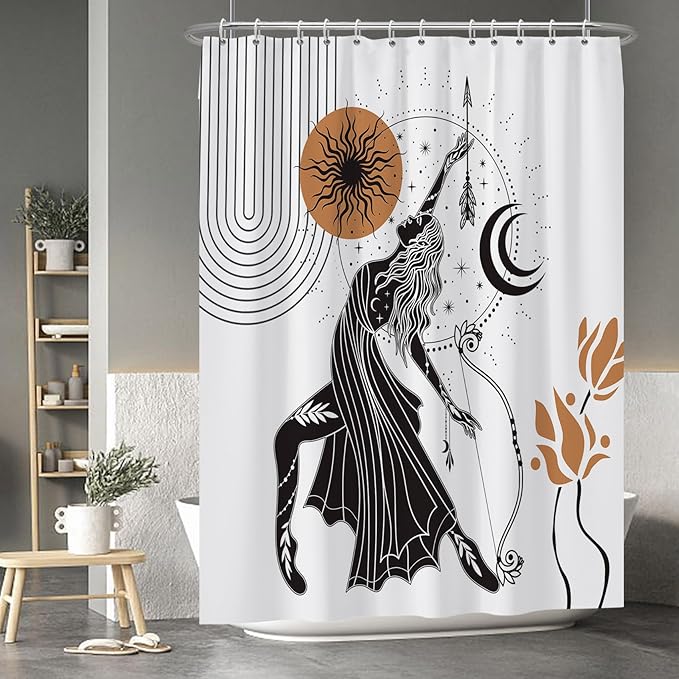 Baocicco Boho Shower Curtain Sun Moon Women Bow and Arrow Plants Modern Geometric Shower Curtains Decorative for Bathroom Waterproof Fabric Shower Curtain with Hooks 72x96 Inches