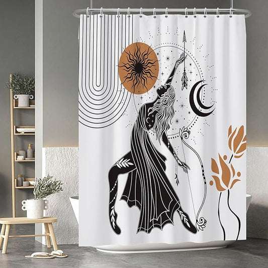 Baocicco Boho Shower Curtain Sun Moon Women Bow and Arrow Plants Modern Geometric Shower Curtains Decorative for Bathroom Waterproof Fabric Shower Curtain with Hooks 72x96 Inches
