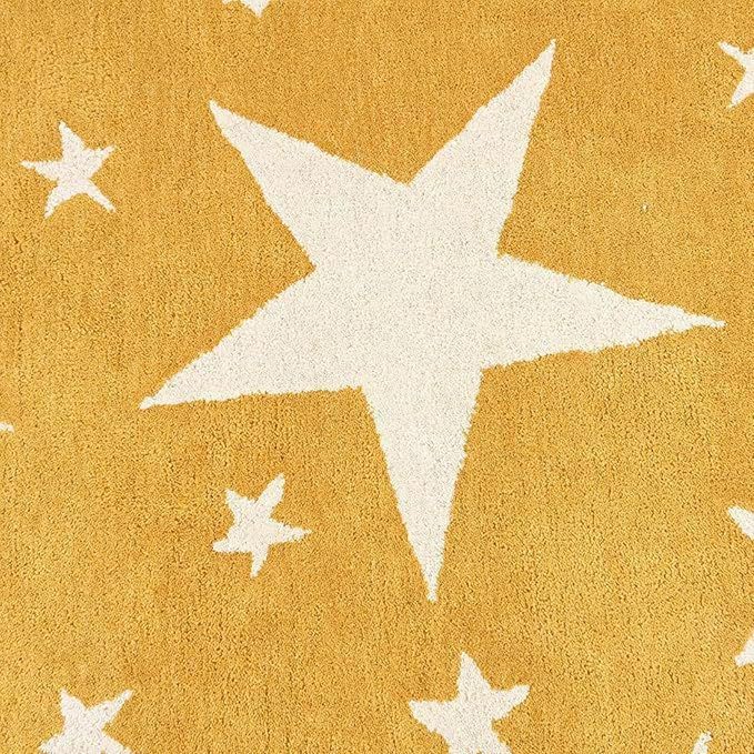 Shivanshrugś Hand-Tufted Wool Area Rug, Mustard Yellow with White Stars Pattern, Modern Celestial Design for Living Room Bedroom