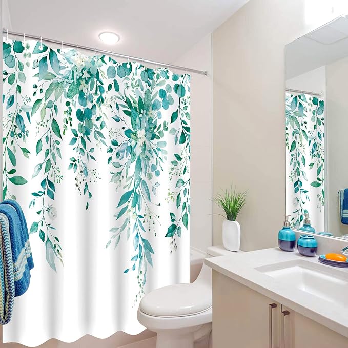 Long Teal Eucalyptus Shower Curtain Watercolor Floral Plant Leaf Shower Curtains for Bathroom Botanical Flower Waterproof Fabric Bath Curtain Decor with Hooks (Teal, 72'' x 78'')