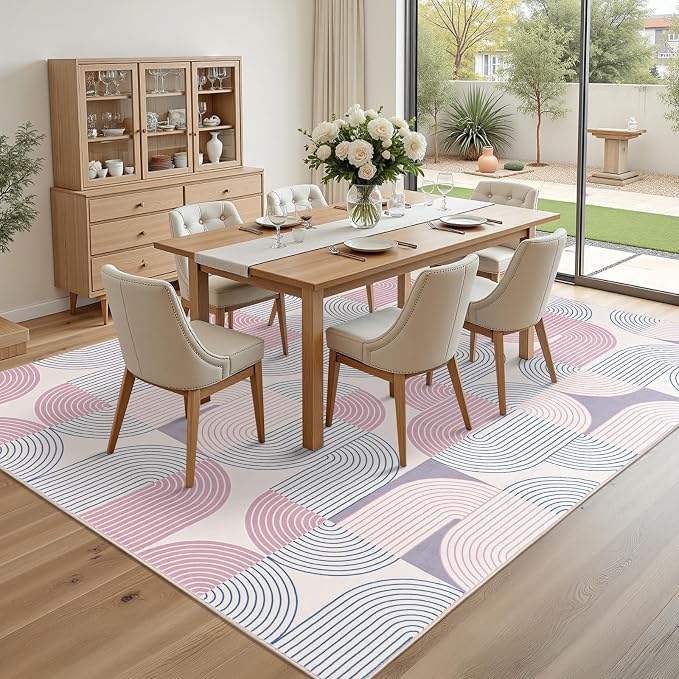 Large 9x12 Area Rugs for Living Room-Soft Modern Geometric Pink Rug for Bedroom, Washable Non-Slip Indoor Floor Boho Abstract Carpet for Dining Room Nursery, Pink/Purple