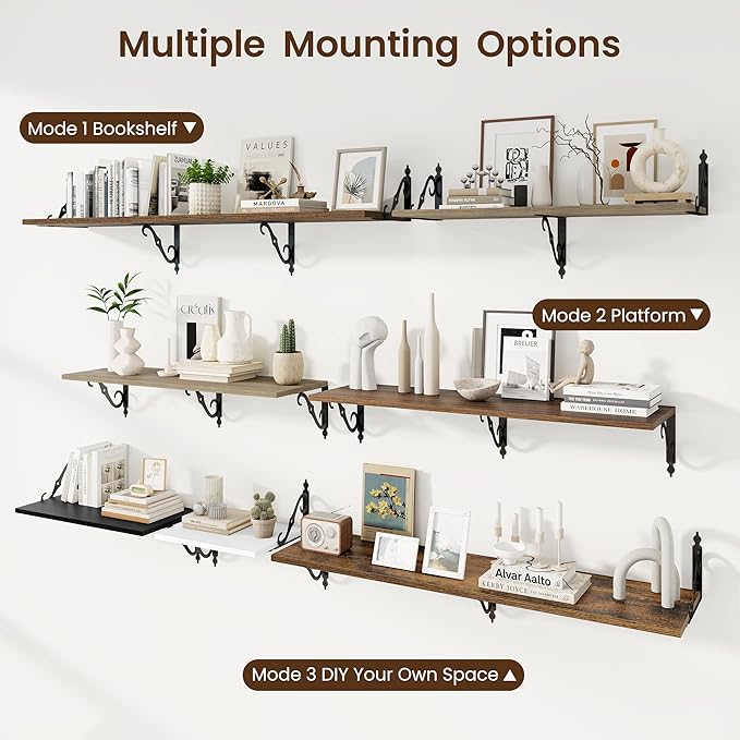 RICHFOCUS 12 Inch Deep Floating Shelves for Wall, 39" W x 12" D Wood Wall Shelves Set of 2, Wide Floating Shelves for Living Room, Bedroom, Kitchen, Bathroom and Decor Storage, Rustic Brown