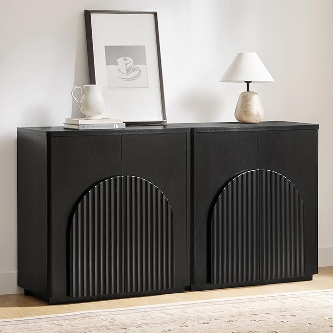 CHITA Sideboard Buffet Cabinet with Storage, Small Storage Cabinet with Doors and Shelves for Living Room Accent, Bar, Kitchen, Set of 2, Black