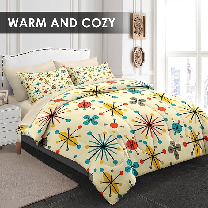 WeCozy 7 Pcs Queen Size Comforter Set with 2 Pillowcases & 2 Shams, Retro Mid Century Atomic Bedding for Kids and Adults, 50S Vintage Geometric Bed in a Bag with Flat Fitted Sheet