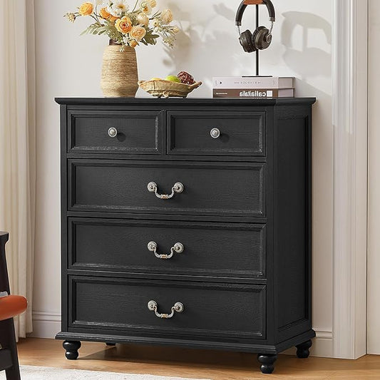 Farmhouse 5 Drawer Dresser for Bedroom, 35" Tall Rustic Chests of Drawers w/ 4 Solid Wood Feet, Mid Century Modern Wooden Closet Storage Dressers Organizer for Living Room, Hallway,Black