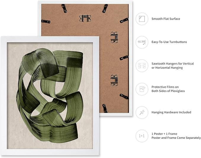 Poster Master Green Abstraction Poster - Brush Strokes Print - Painted Swirl Art - Chic Boho Design - Abstract Illustration - Great Office or Living Room Decor - 11x14 White Framed