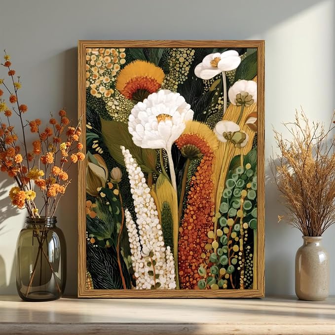 Framed Vintage Floral Canvas Wall Art, Abstract Flower Pictures Wall Decor, Boho Wildflower Botanical Paintings Prints Mid Century Modern Home Decor Aesthetic for Living Room Bedroom 12x16 inch