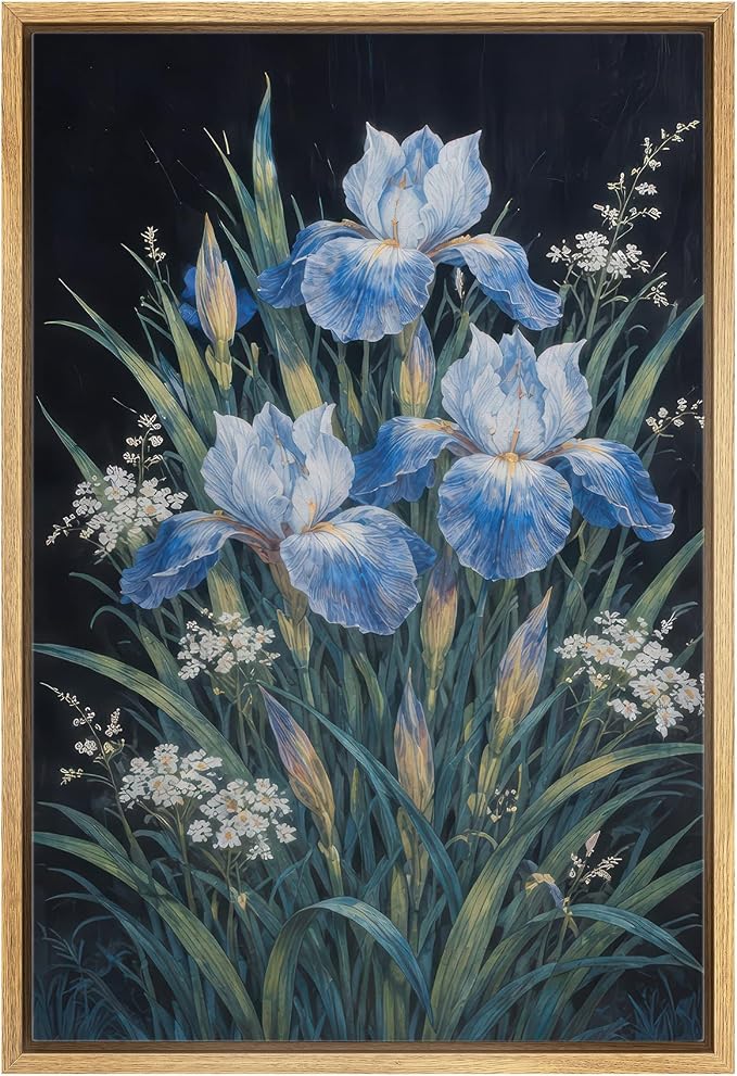 MUDECOR Framed Canvas Print Wall Art Blue Iris Botanical Floral Illustrations Minimalism Decorative Bohemian Zen for Living Room, Bedroom, Office - 24"x36" NATURAL