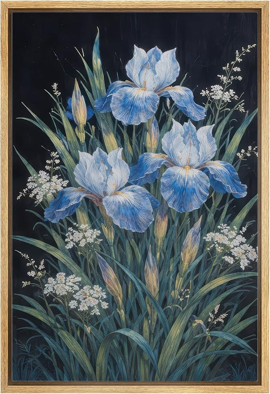 MUDECOR Framed Canvas Print Wall Art Blue Iris Botanical Floral Illustrations Minimalism Decorative Bohemian Zen for Living Room, Bedroom, Office - 24"x36" NATURAL