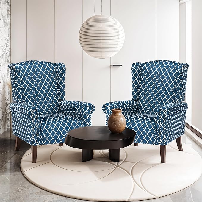 Plaid Accent Chair Set of 2, Mid-Century Modern Wingback Armchair Club Sofa Chair Living Room Chair for Bedroom, Balcony, Lounge (Blue Check)