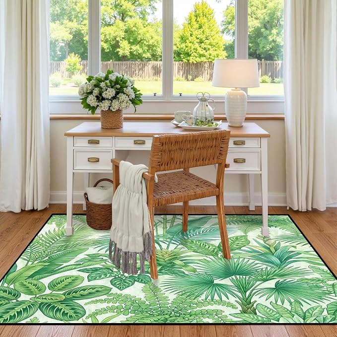 Tropical Leaves Area Rug 5'x7' Green Botanical Palm Fern Leaf Rug Non Slip Washable Indoor Floor Mat for Bedroom Living Room Nursery Kitchen Playroom Home Decor