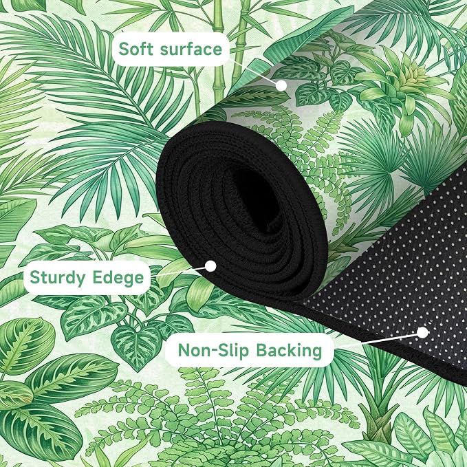 Tropical Leaves Area Rug 5'x7' Green Botanical Palm Fern Leaf Rug Non Slip Washable Indoor Floor Mat for Bedroom Living Room Nursery Kitchen Playroom Home Decor