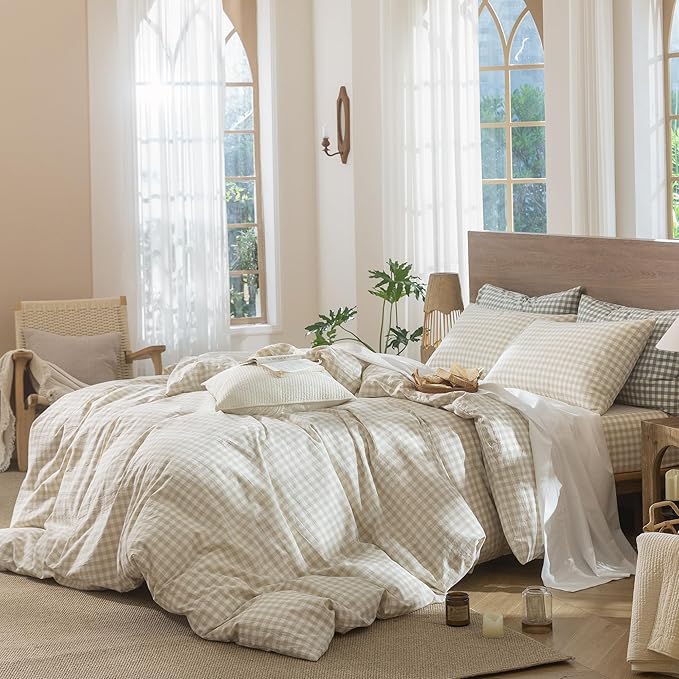 MooMee Gingham Duvet Cover Set 100% Washed Cotton Linen Like Textured Breathable Durable Soft Comfy Modern Checkered Design (Almond Milk Grey Gingham, Oversized Queen 98"x98")