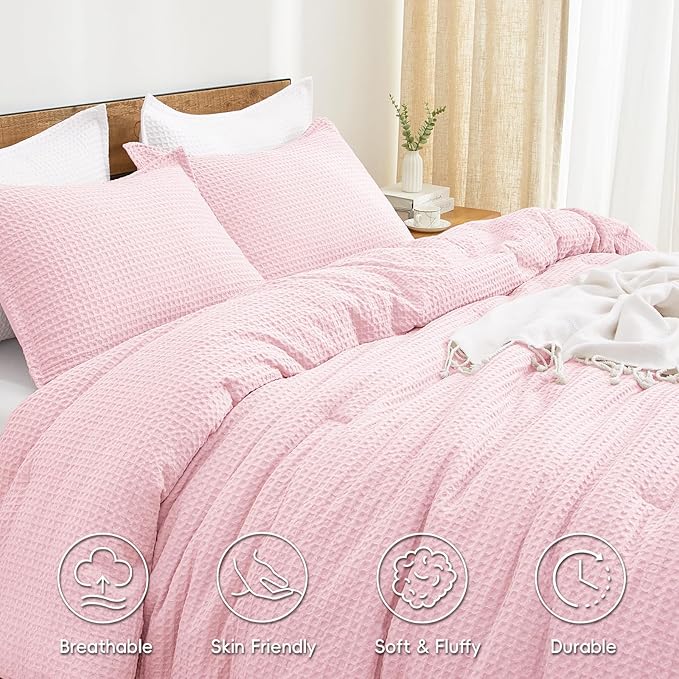 PHF Ultra Soft Waffle Weave Comforter Set King Size, 3 Pieces Lightweight Breathable Comfy Bedding Set, Comfy Textured 1 Comforter with 2 Pillow Shams, Pink