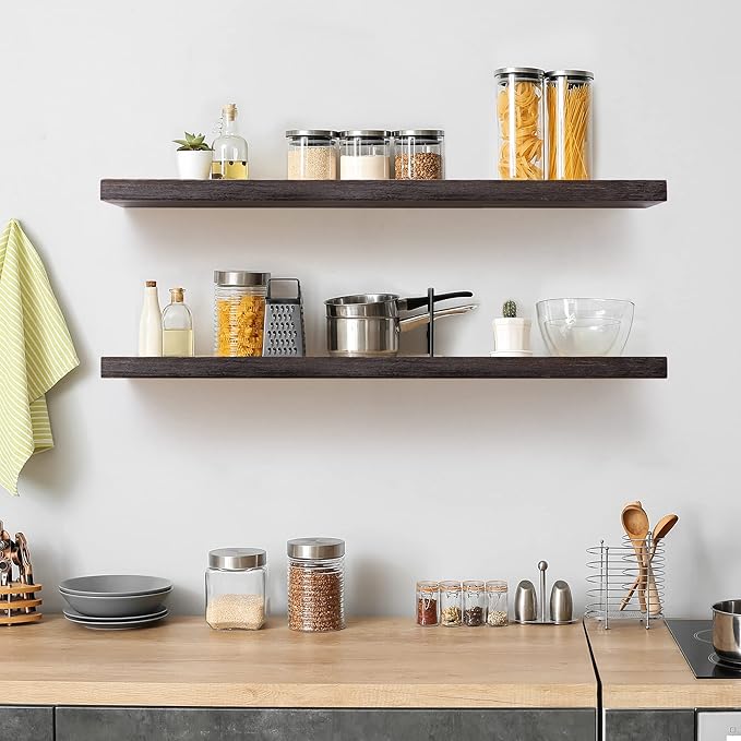 Axeman Floating Shelves for Wall Set of 2-36 Inch Wide x 8 Inch Deep Solid Pine Wood Shelves for Wall - Rustic Floating Wood Shelves for Living Room Bedroom Laundry Room Farmhouse, Dark Walnut