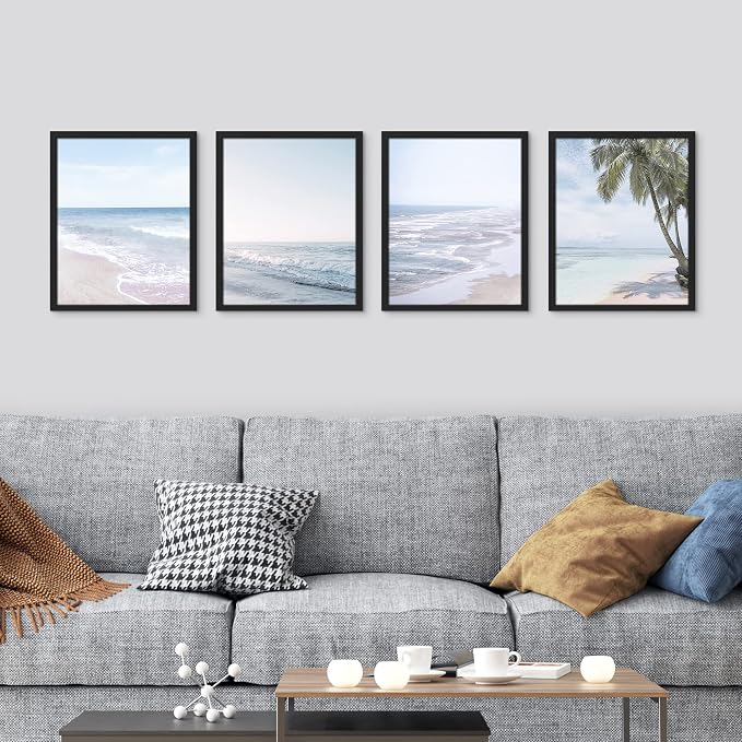 SIGNWIN Framed White Pastel Tropical Island Ocean Beach Shore Wall Art, Set of 4 Landscape Colorful Wall Decor Prints, Nature Wilderness Wall Décor for Living Room, Bedroom - 11"x14" Black