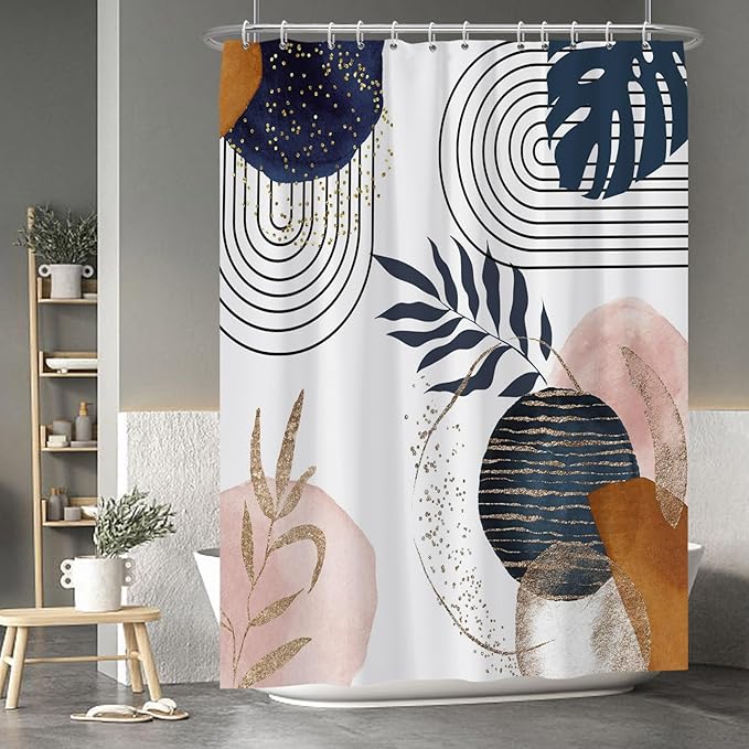 Baocicco Boho Shower Curtain Mid Century Navy Blue Gold Plant Leaves Modern Abstract Minimalist Shower Curtains Decorative for Bathroom Waterproof Fabric Shower Curtain with Hooks 72x96 Inches