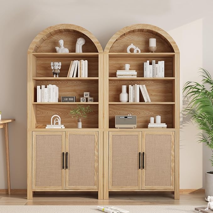Janmer Home 71" Tall Arched Bookcase with Storage, Modern 6-Tier Cabinet with Door, Arched Bookshelf Cabinet with Open Display Storage Shelf for Living Room (Natural, 71inch 2pcs-Doors)
