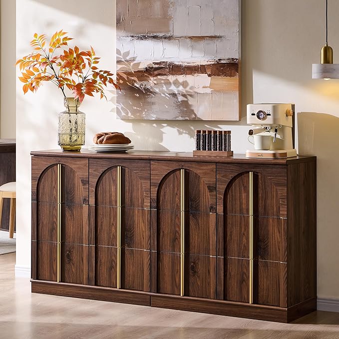 ACCOHOHO Buffet Cabinet with Storage & Arched Doors, 31.5 Inch Wood Sideboard W/Adjustable Shelf, Modern Coffee Bar Tables Accent Cabinets for Living Room,Kitchen or Entryway (Brown, 2 Piece)